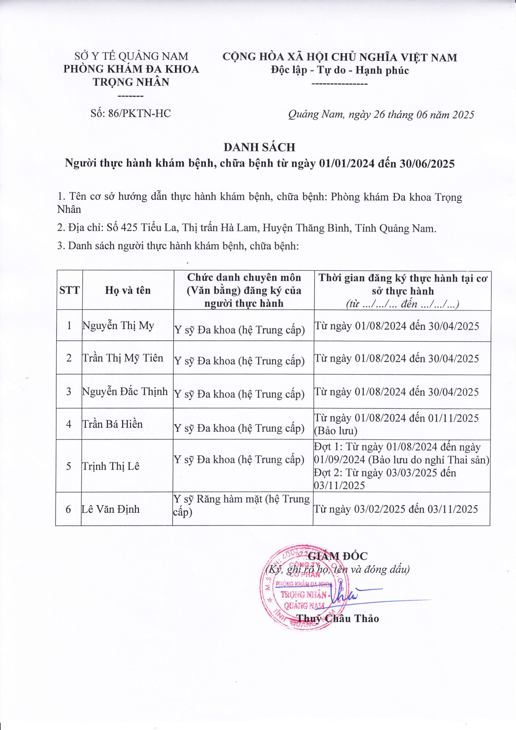 Danh sách người hoàn thành quá trình thực hành tại Phòng khám Đa khoa Trọng Nhân